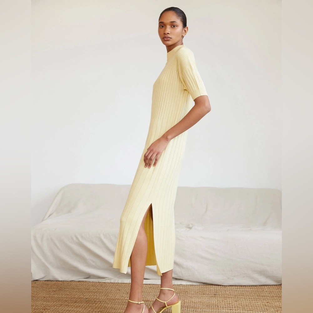 NAADAM silk cashmere novelty ribbed short sleeve midi dress size medium yellow